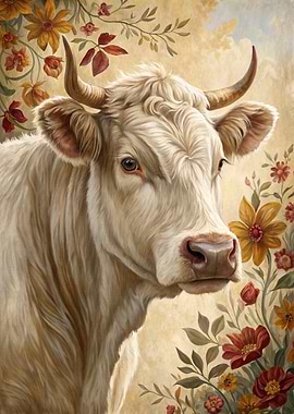 Painting of a White Cow with Flowers