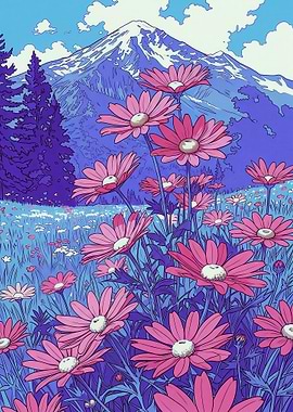Pink Daisies with Mountain Background