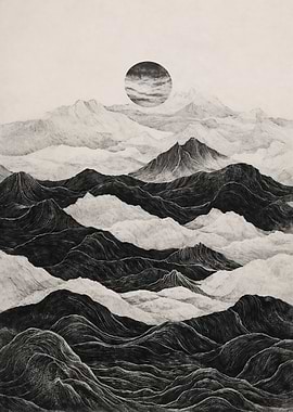 Surreal Mountain Landscape with Moon