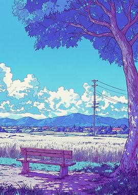 Tranquil Bench Under a Blue Tree