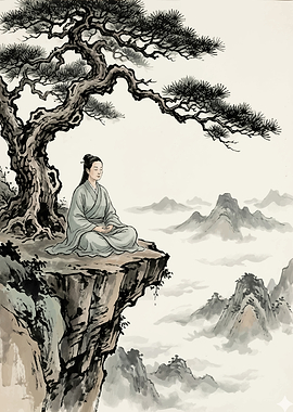 Meditating figure on a cliff