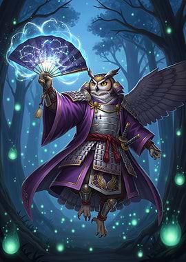 Samurai Owl with Magical Fan