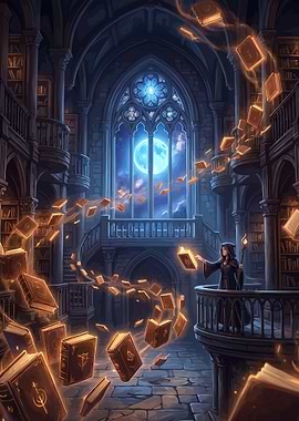 Sorceress summoning books in a gothic library