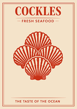 Cockles Seafood Poster, Vintage Ocean Market Wall Art, Retro Shellfish Print