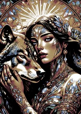 Woman and Wolf with Ornate Headdress