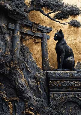 Golden Japanese Cat Stone Relief