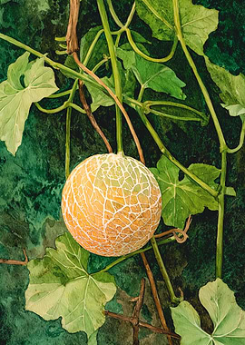 Ripe Cantaloupe on Vine Botanical Art