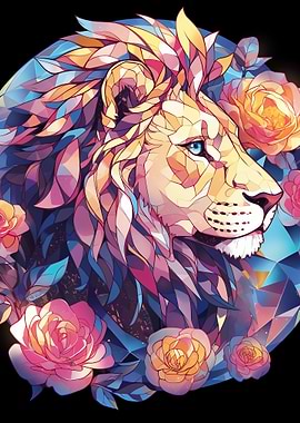 Geometric Lion with Flowers