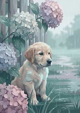 Puppy in Rain Hydrangea Vector Illustration
