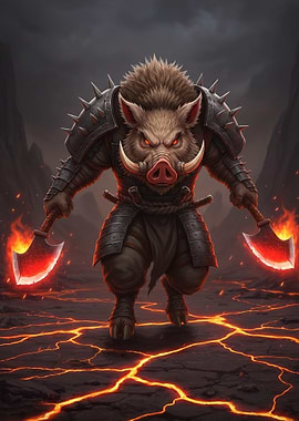 Warrior Boar with Fiery Axes