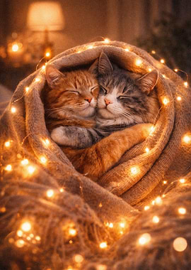 Two Cats Hugging Under Blanket