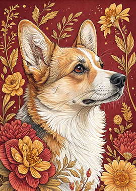 Corgi Portrait with Floral Accents