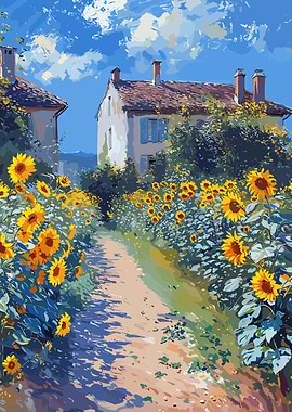 Sunflowers Path to Houses