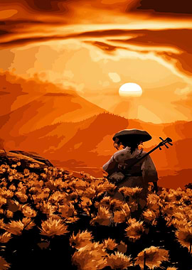 Samurai playing music at sunset