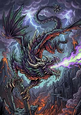 Dragon breathing fire in a volcanic landscape