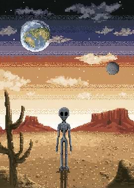 Alien in Desert Landscape with Earth