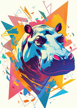Stylized Hippo Portrait with Geometric Background