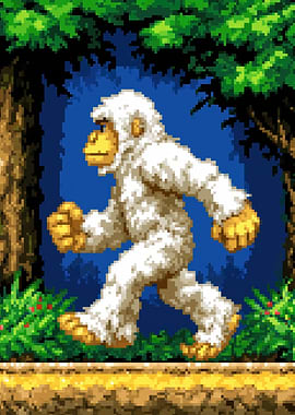 Pixelated White Ape Walking in Forest