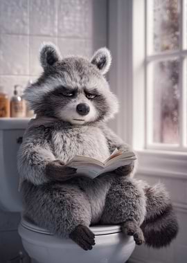Raccoon Reading on Toilet