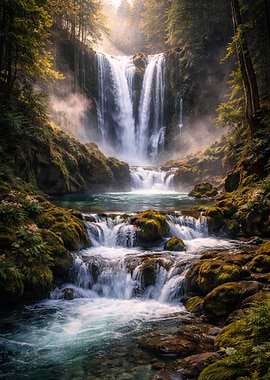 Misty Waterfall in a Lush Forest