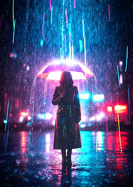 Woman with Umbrella in Neon Rain