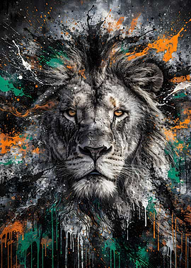 Majestic King’s Gaze: The Lion’s Strength in a Splash of Paint