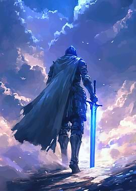 Knight with glowing sword in clouds