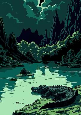 Alligator in a dark swamp landscape