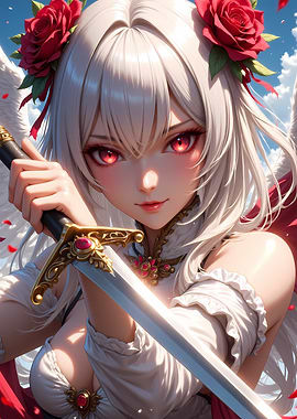 Anime Angel Warrior with Sword and Roses