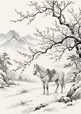 White Horse in Snowy Plum Blossom Landscape