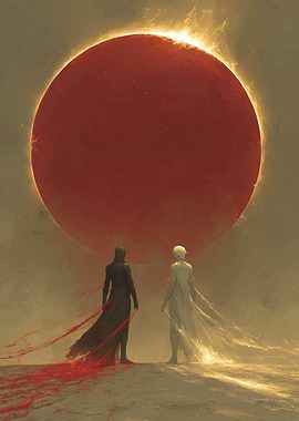 Two figures facing a red sun