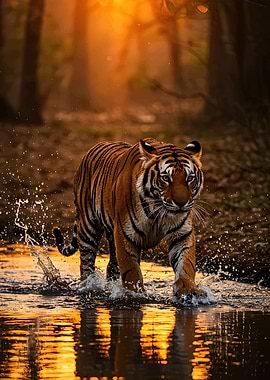 Tiger walking through water at sunset