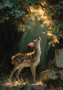 Fawn looking up at sunlit leaves