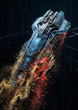 Exploding Spaceship with Digital Background