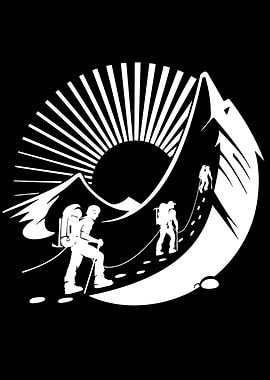 Hikers climbing a mountain at sunrise