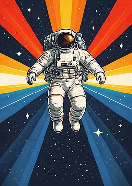 Astronaut floating in space with retro rays