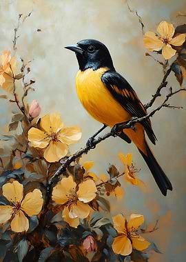 Oriole Bird on a Branch with Flowers