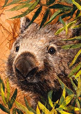 Detailed Wombat Illustration Earthy Leaves