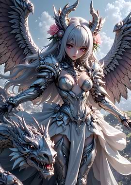 Anime Angel Warrior with Dragon