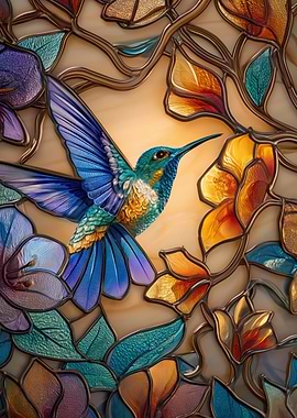 Stained Glass Hummingbird and Flowers