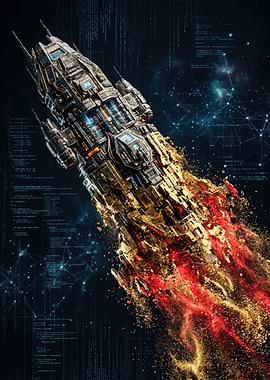 Sci-fi spaceship disintegrating in space