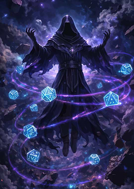 Mysterious hooded figure with glowing dice
