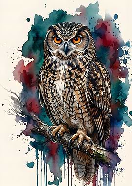 Watercolor Owl on a Branch