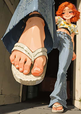 Girl in flared jeans and flip-flops