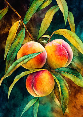Vibrant Ripe Peaches Botanical Watercolor Art