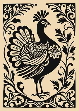 Peacock Silhouette with Floral Border