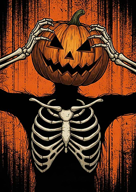 Scary Pumpkin Skeleton Halloween Art