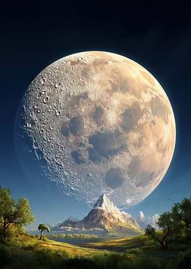 Surreal Moonscape with Mountains and Trees