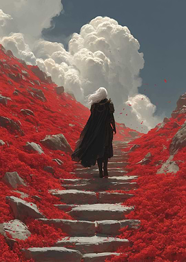 Figure Ascends Red Flower Path