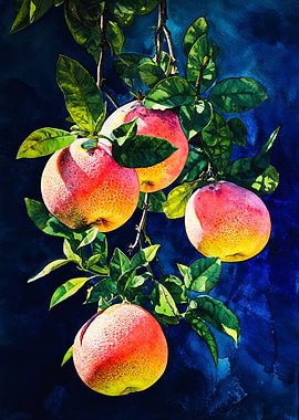 Vibrant Grapefruits Botanical Watercolor Art